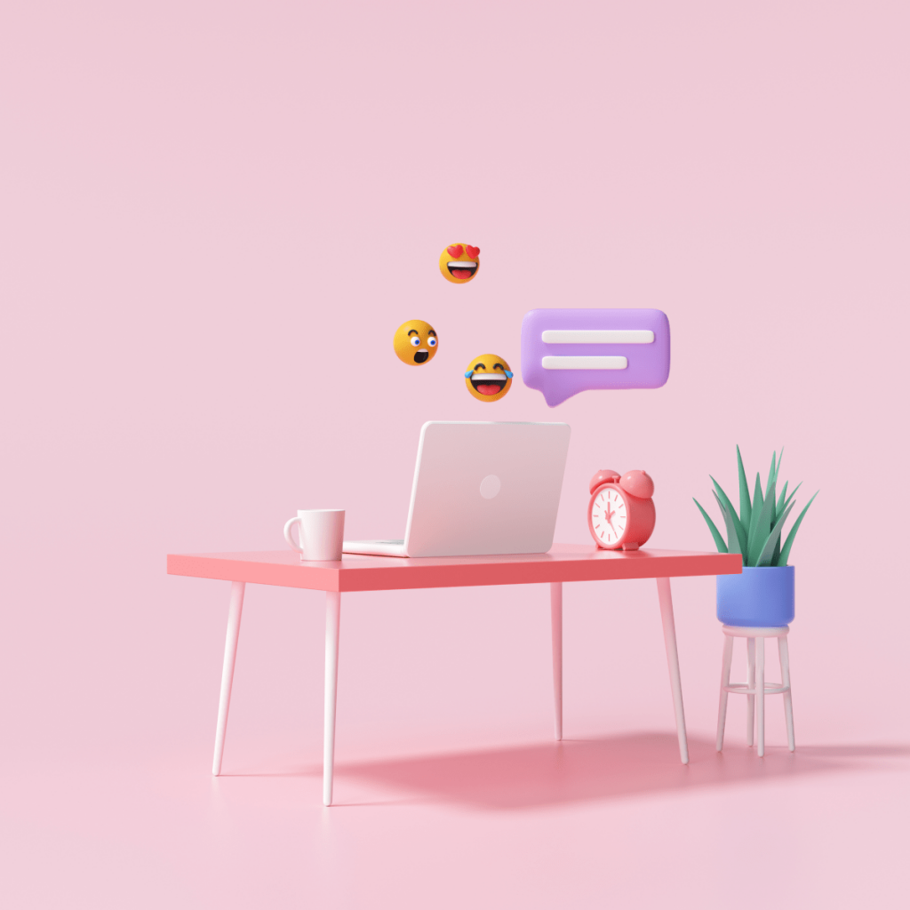 3d table laptop with bubbles chat emojis work from home online chatting concept 3d render illustration 1
